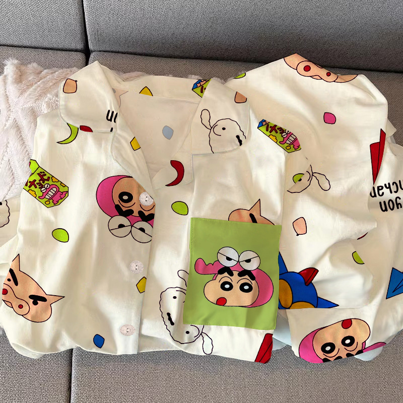 Crocodile Crayon Shin-Chan Cartoon Pajamas Women's Spring and Autumn Long Sleeve Two-Piece Set Cream Style Graffiti Japanese Home Clothes Wholesale