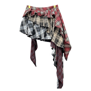 New Summer Ins Splicing Irregular Contrasting Color Mid-Length Skirt Niche Skirt for Women 2025 Plaid