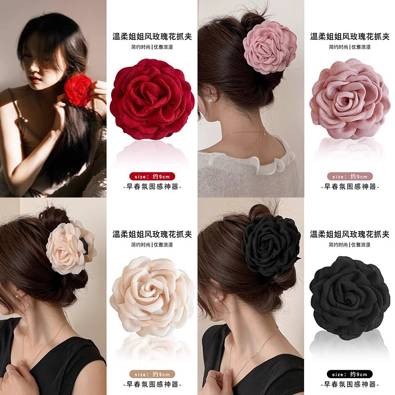 Caro con rosa roja clip de agarre para mujeres 2025 nuevo toque de cabeza de flores de super hadas explosión clip de tiburón