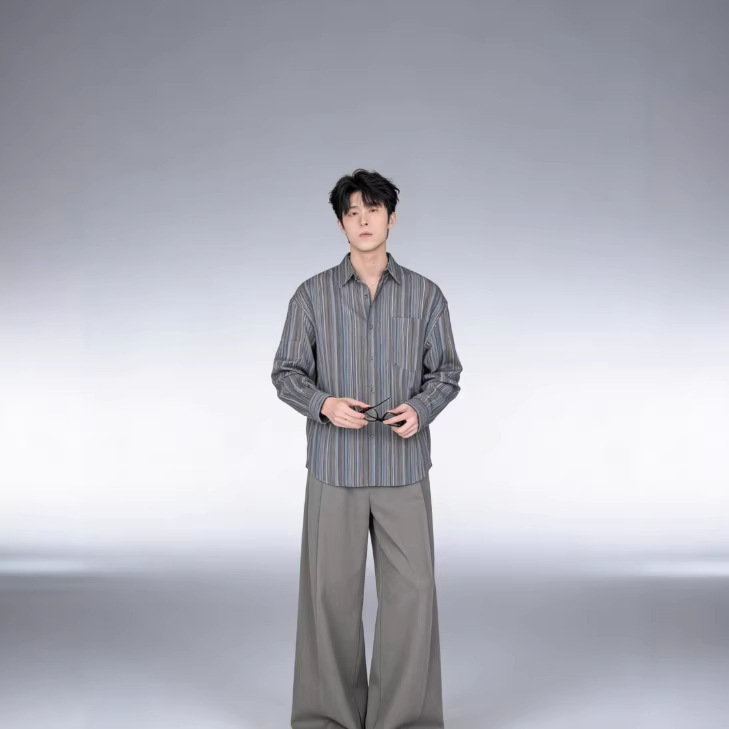 2026 Spring/Summer Blue High-Quality Striped Vintage Shirt for Men, Loose Fit, Casual, Stylish Long-Sleeve Shirt
