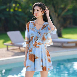 两件套泳衣女连体平角大码长袖罩衫温泉微胖女孩防晒遮肉200胖妹