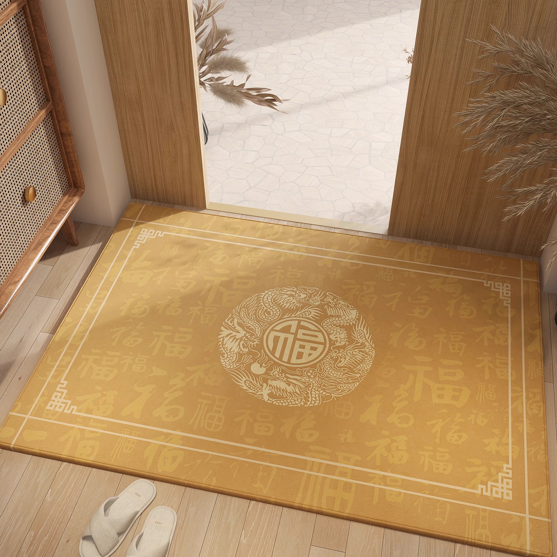 Nueva alfombra de piso de puerta de entrada amarilla china, alfombra de pie antideslizante resistente a la suciedad para el hogar, alfombra dorada en la puerta