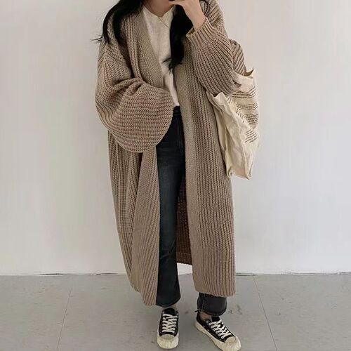 Autumn/Winter Retro Loose Outerwear Long-Sleeve Knit Cardigan for Women, Slouchy Lantern-Sleeve Style Women's Coat