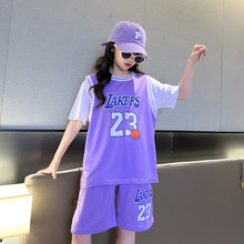 儿童夏季套装2023新款中大童女生运动篮球服假两件短袖休闲球衣潮