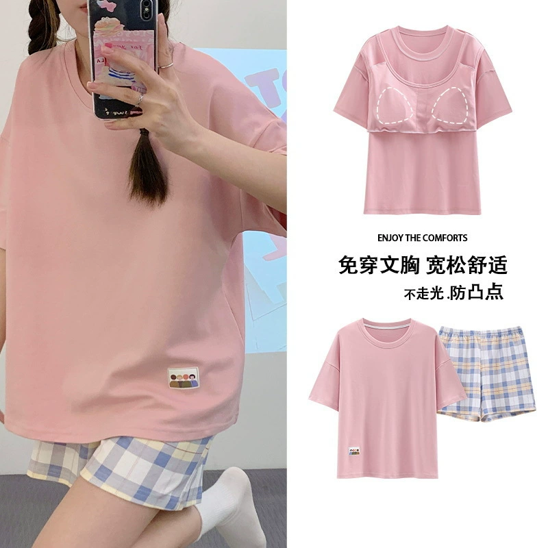 Summer pijama, cute sleeves, cartoon top with cups for elementary school students for leisure, with short sleeve, Korean style, oversize