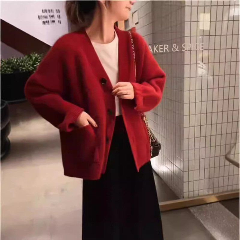 Mid-Length Cashmere Knitted Cardigan for Women, Autumn and Winter, Large Size V-Neck Coat, Pure Wool Top, Loose Fit Sweater