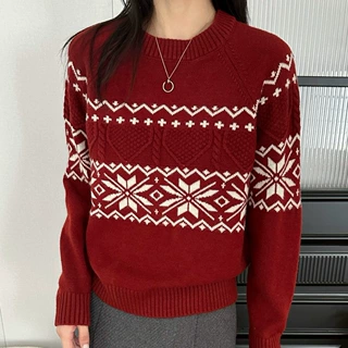 费尔岛提花软糯套头毛衣女2026秋冬新款宽松简约设计感针织衫上衣