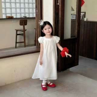 2026夏季新款 韩版童装 女童法式甜美飞袖连衣裙刺绣镂空裙仙女裙