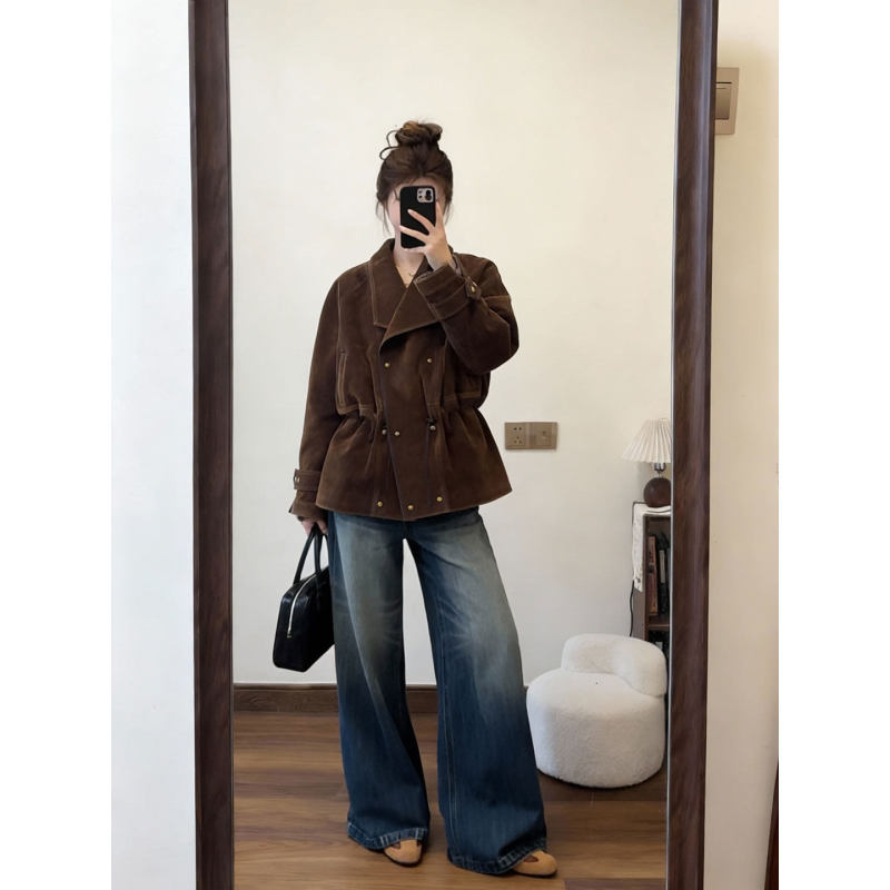 2026 Spring Vintage Coffee Color Denim Blazer for Women with Turn-Down Collar, Waist-Cinching, High-End Detachable Jacket