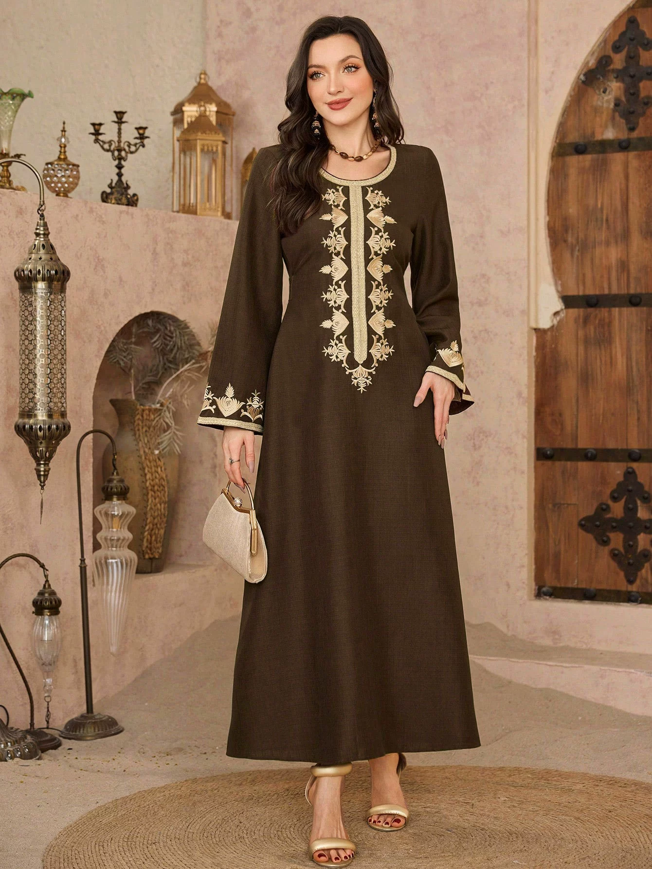 Кроссбордовый пояс с золотой нитью вышивкой кафтан Ближний Восток мусульманская мода элегантное платье халати джалабиЯ