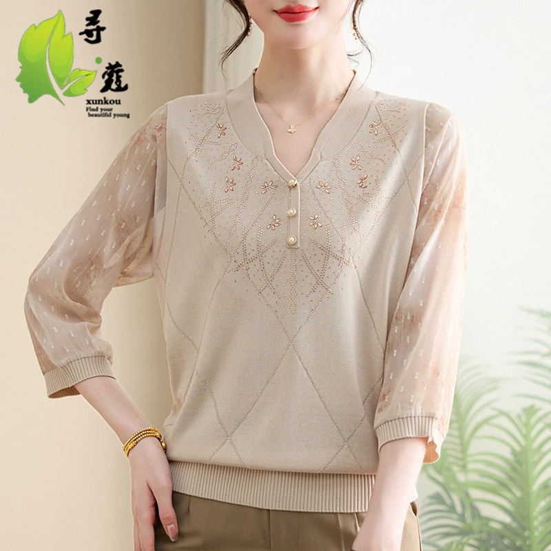 Новая летняя иностранная рубашка среднего и пожилого возраста женская мода мама среднего возраста топ летняя одежда семь очков рукава женщина