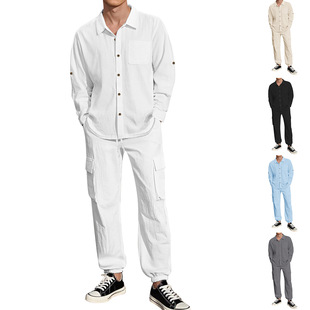 European and American Cross-Border Trendy Men's Loose Casual Single-Breasted Cardigan Long-Sleeve Collared Linen Shirt and Cargo Pants Set