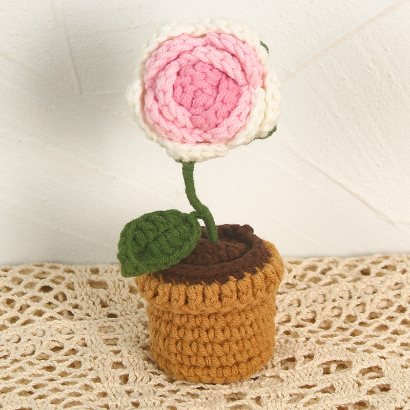 Tejido a mano DIY Rosa girasol maceta ramo de lana de ganchillo acabado hecho en casa decoración del coche regalo