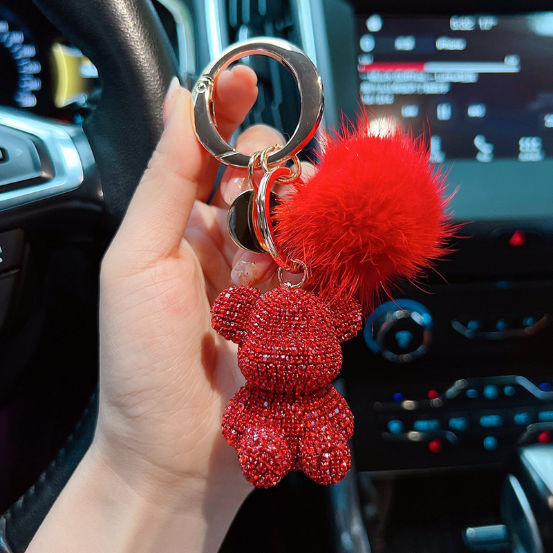 Nuevos productos de moda lindos viento gran botón redondo visón completo diamante osos llavero creativo pareja llavero colgante regalo