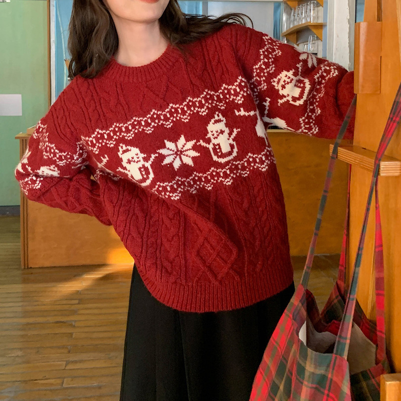 Christmas jacquard geometric sweater women's clothing autumn and winter New Loose Women's sweater top bottoming New Year atmosphere
