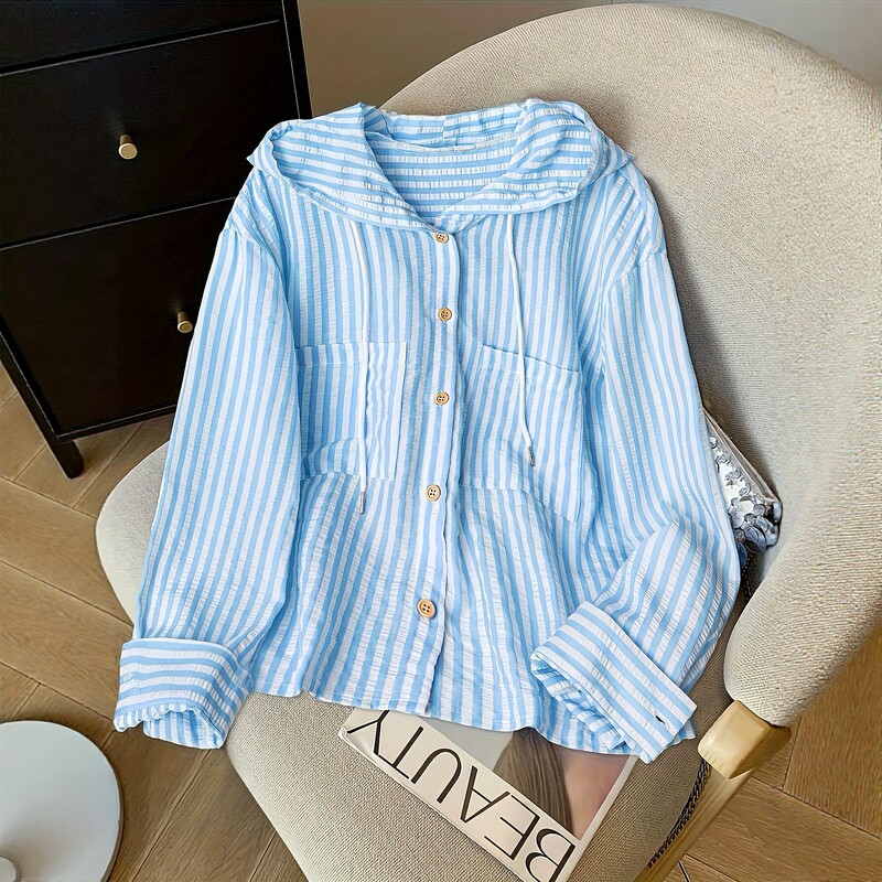 Plus-Size Women's Long-Sleeved Shirt with Soft Light Blue and White Horizontal Stripes, Casual Office Top