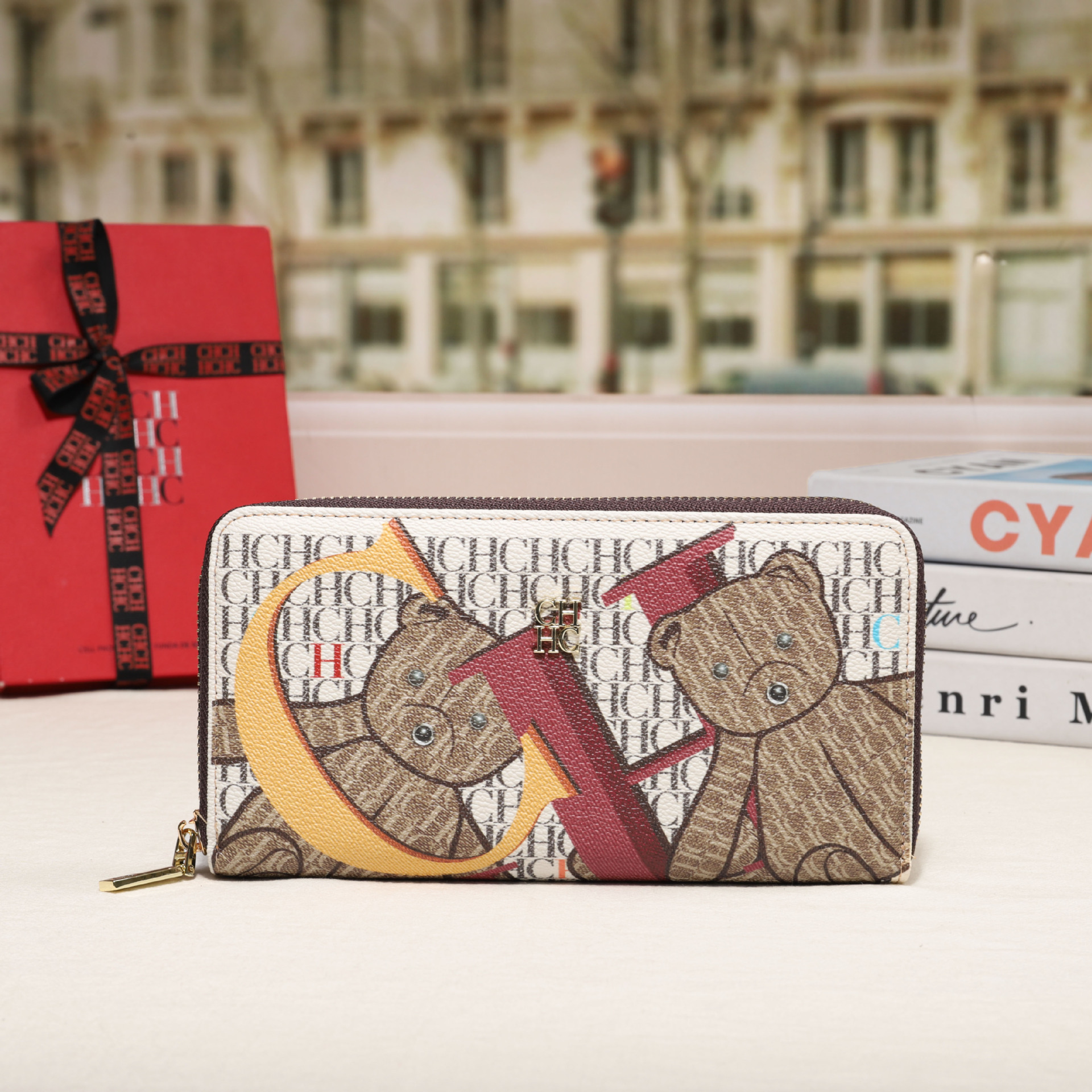 CHHC nuevo bolso 2025 moda femenina billetera con cremallera clásica textura real bolso largo unisex