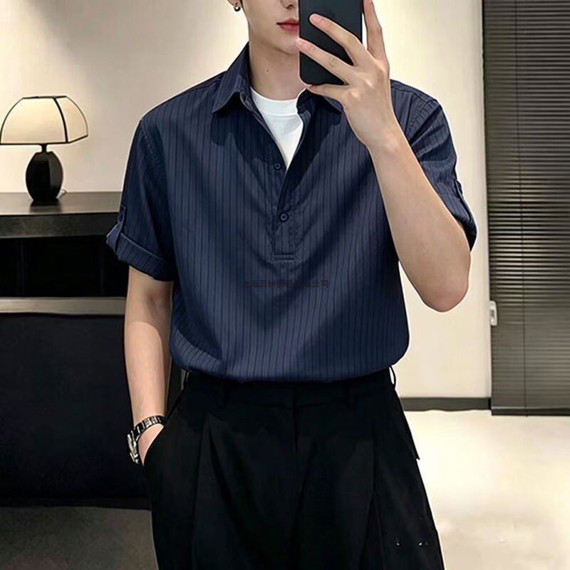 Stylish Faux Two-Piece Short-Sleeve Shirt 2026 Summer New Striped Versatile Breathable Men's Shirt Top in Light Purple Stylish Faux Two-Piece Short-Sleeve Shirt 2026 Summer New Striped Versatile Breathable Men's Shirt Top in Light Purple