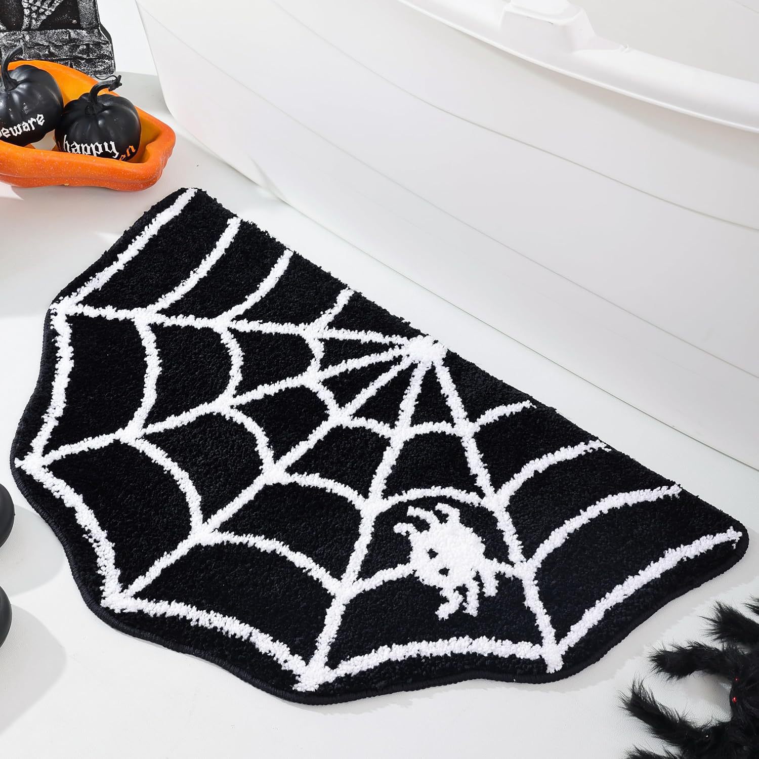TEMU Halloween Bat Imitation Cashmere Floor Mat, Dirt-resistant and Wear-resistant, Special-shaped Bathroom Mat, Pumpkin Spider Web Foot Mat