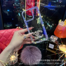 小香风适用苹果14pro手机壳水钻透明iPhone13毛球全包xsmax保护套