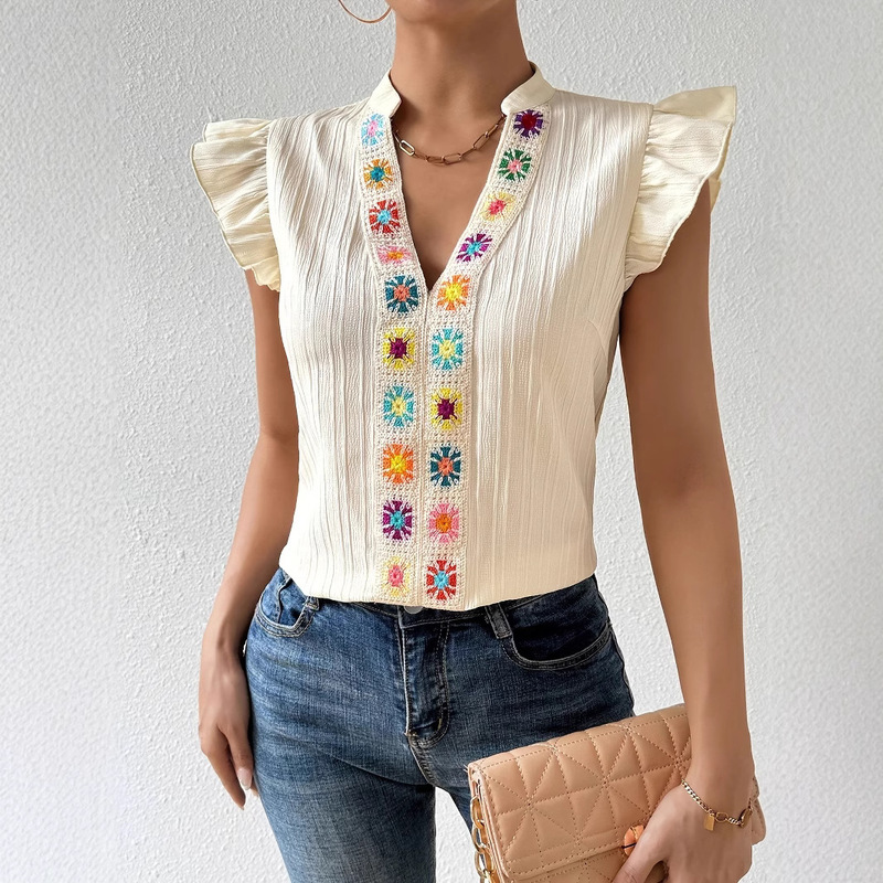 2024 Cross-border New Ruffled Casual Women's Flower Crochet Collage Random Color V-neck Cap Sleeve Shirt