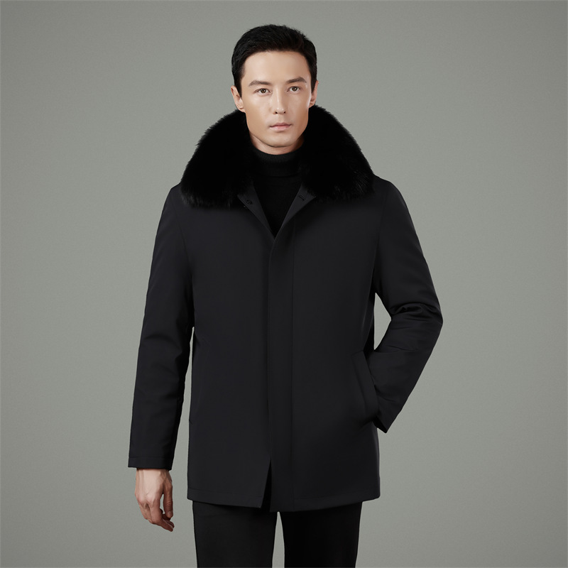 New men's winter parka with mink fur collar, warm and luxurious design, featuring mink buttons.