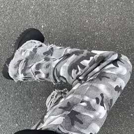 美式复古迷彩脏染伞兵裤破坏裤脚休闲裤男女hiphop直筒堆叠长裤潮