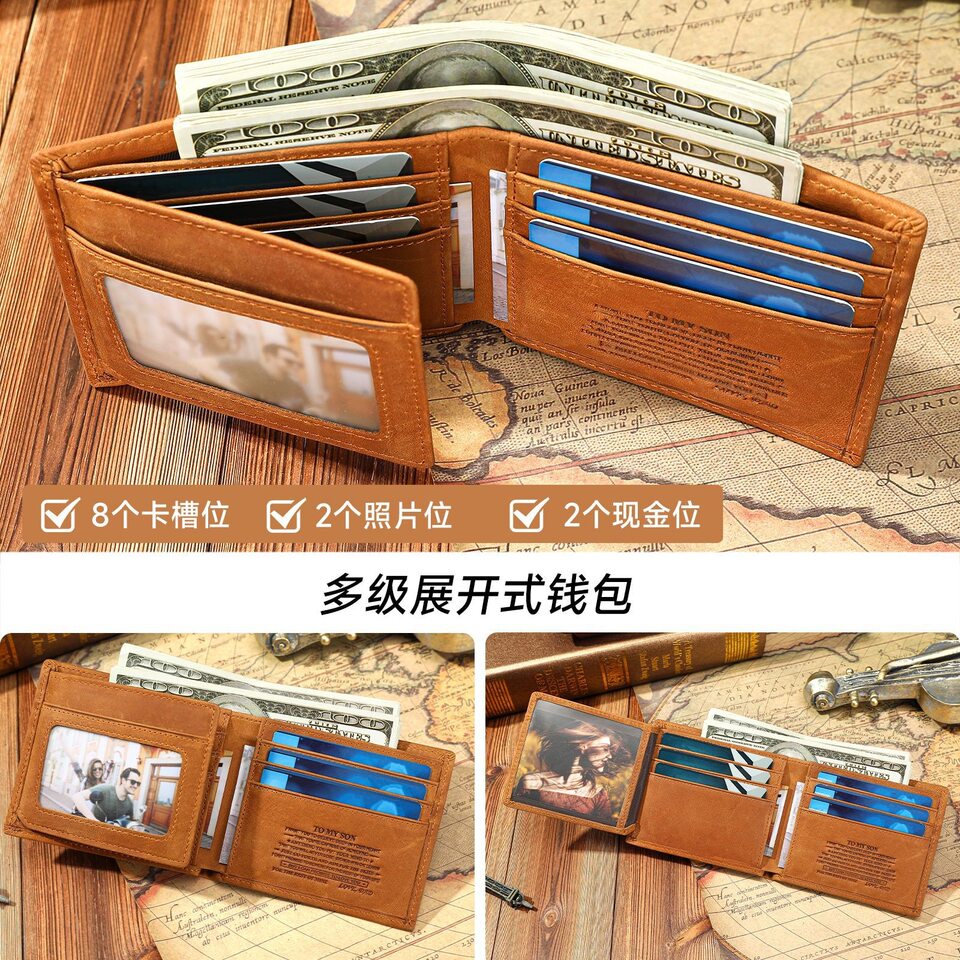 Ví nam da ngựa điên cao cấp nhiều ngăn đựng thẻ kiểu ví ngắn 11×1,5×9 cm — Màu nâu (MAMA) Tây Ban Nha, Màu nâu (MOM) tiếng Anh, Màu nâu (papa) Tây Ban Nha, Tiếng Anh màu nâu (DAD)