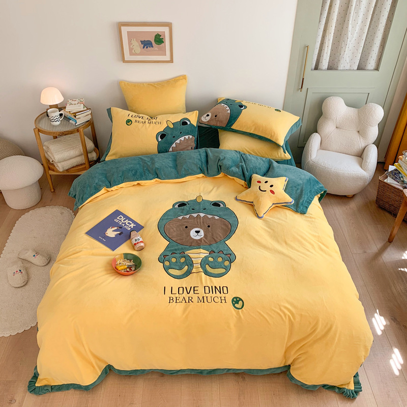 秋冬加厚牛奶绒贴布绣四件套 卡通大版被套冬季保暖套件1.5m儿童