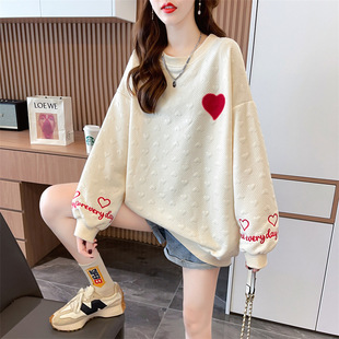 Japanese Style Heart Sweatshirt Women's Round Neck 2025 Autumn and Winter New Thickeneded Personalized Embroidered Long-Sleeved Jacquard Sweatshirt for Women