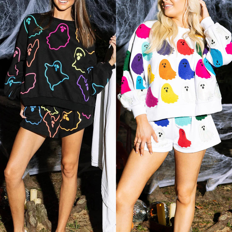 Cross-Border Halloween Long-Sleeved Shorts Women's Suit European and American New Ghost Print Sweatshirt Two-Piece Set Hot Sale 3959