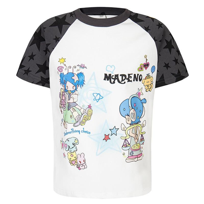 Qilin Men's American Retro Y2K Light Contrast Color Star Short Sleeve Women's Summer Loose Cartoon Girl's Regular Shoulder T-Shirt Qilin Men's American Retro Y2K Light Contrast Color Star Short Sleeve Women's Summer Loose Cartoon Girl's Regular Shoulder T-Shirt