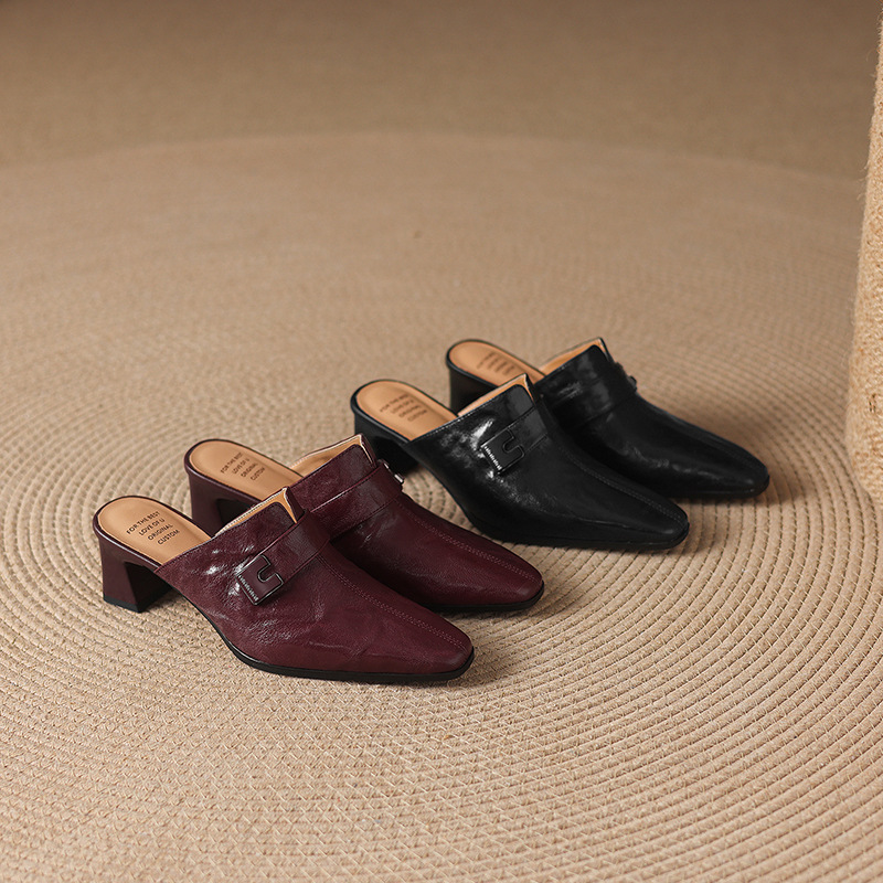 Dép sandal cao gót nữ mũi nhọn quai ngang da dê gót thô 5 cm — đen chi tiết 18