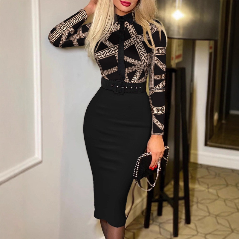 2025 New European and American Spring and Autum Printed Long-Sleeved Ribbon Dress - with Tie and Belt 2025 New European and American Spring and Autum Printed Long-Sleeved Ribbon Dress - with Tie and Belt