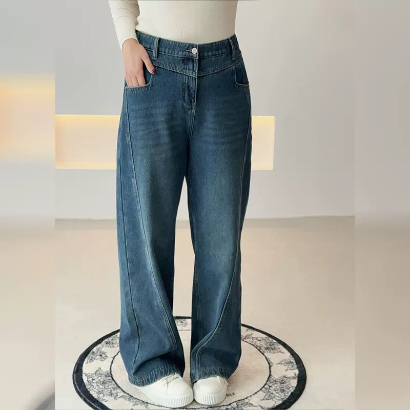 双天25年新款秋冬大码女装裤子女款秋松弛感拼接阔腿牛仔裤YC358