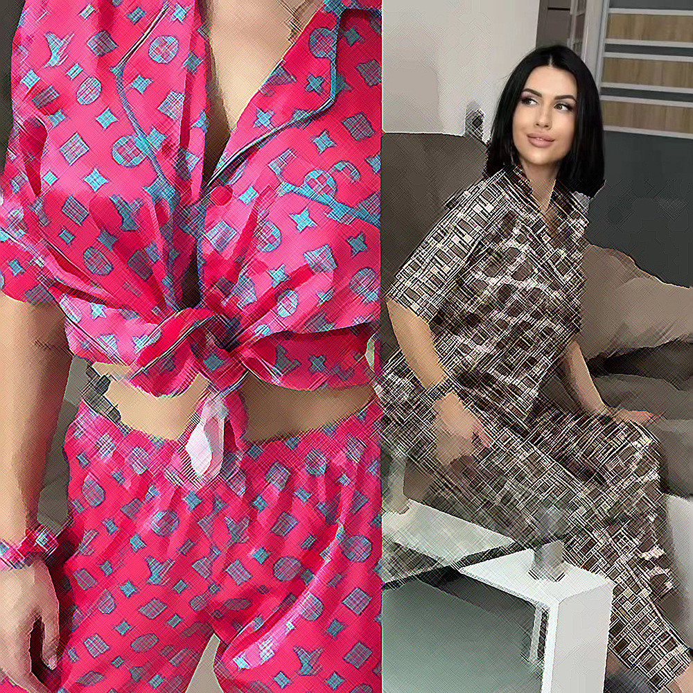 DD0128欧美女装跨境简约冰丝睡衣两件套长裤短袖家居服（含发圈）