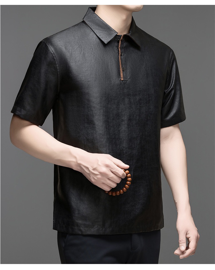 Áo polo nam tay ngắn lụa Mulberry jacquard ve áo satin — Da đen 8885 chi tiết 9