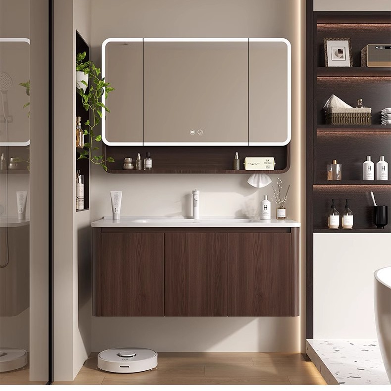 Nuevo gabinete de baño de madera chino combinación de paneles de abeja color nuez cerámica lavabo lavabo lavabo