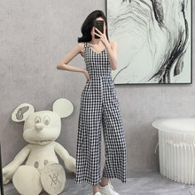 E6F连体裤套装女雪纺垂坠感高腰洋气显瘦阔腿背带夏季格子吊带连