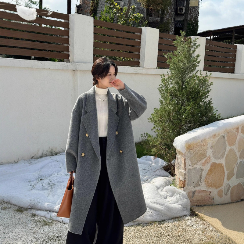 High-End Korean-Style Cocoon-Shaped Double-Sided Wool Coat, Long Woolen Coat, 100% Wool White Coat