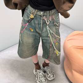外贸跨境一比一原标AC家糖果系列男女同款宽松牛仔短裤七分裤男女