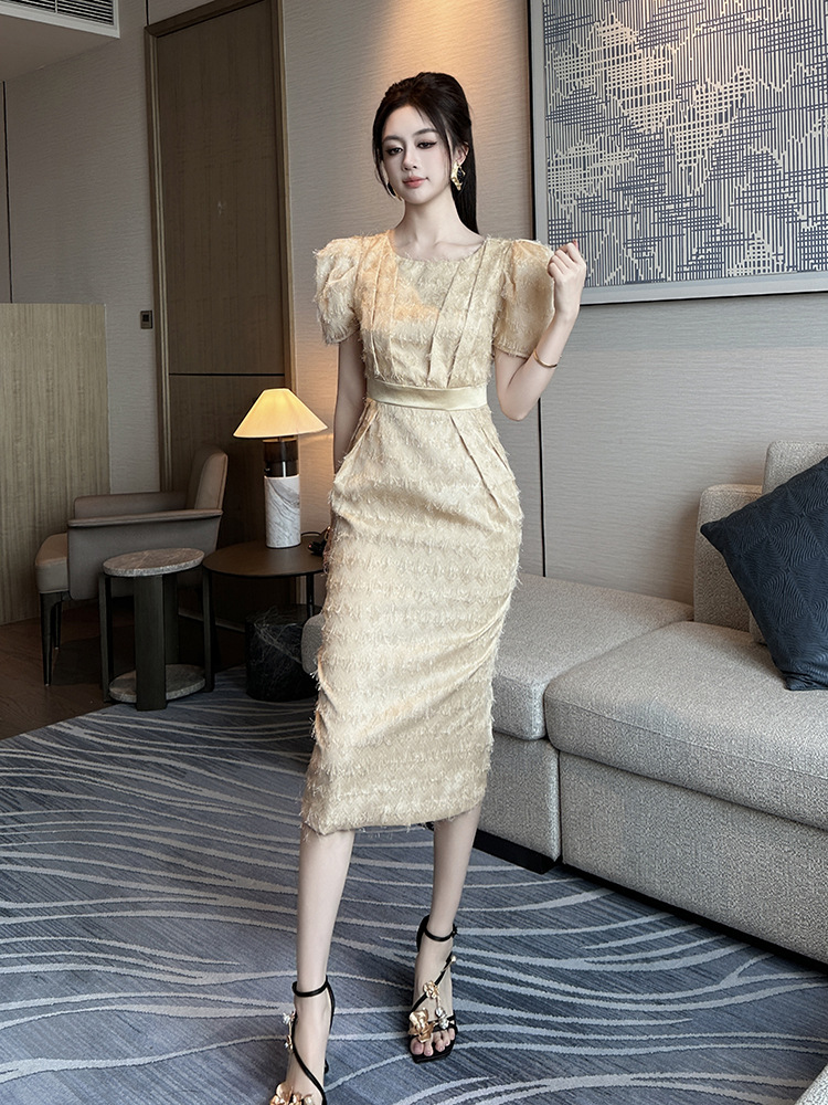 Váy ngắn tay phong cách Pháp dáng suông eo thon cho nữ mùa hè — sâm panh