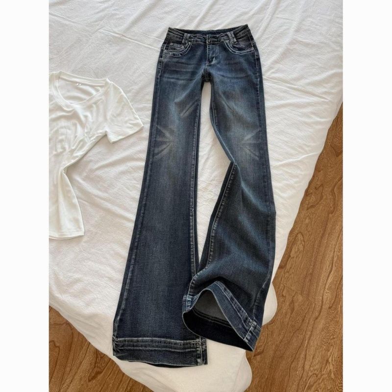 American-style spicy girl low-waist flared jeans for women, new autumn collection, creative washed design, slimming bell-bottom pants, trendy American-style spicy girl low-waist flared jeans for women, new autumn collection, creative washed design, slimming bell-bottom pants, trendy