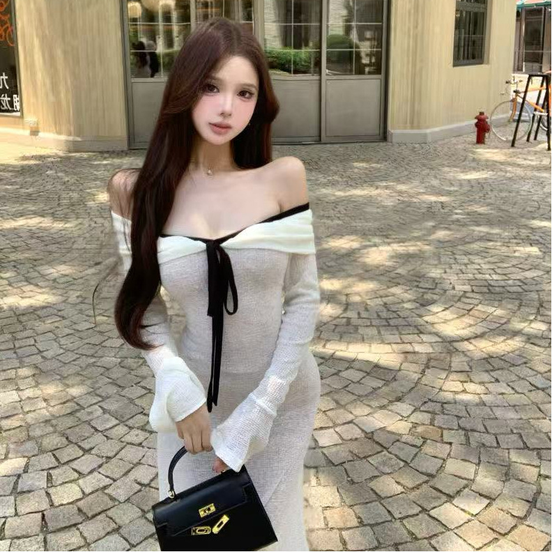 One-word Shoulder Contrasting Color Strap Long-sleeved Dress Women's Autumn Horn Sleeve Waist Skirt Gentle Slim Hip-wrapped Long Dress_ecoleips.com