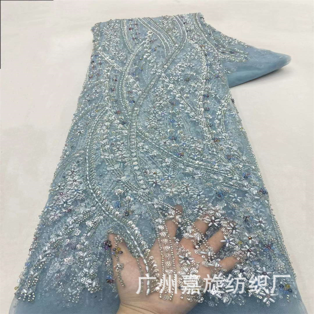 Tejido de bordado de tubo de perlas africanas azules oscuras encaje hecho a mano perlas industria pesada vestido de boda espectáculo vestido vestido de escenario tela bordada image 9