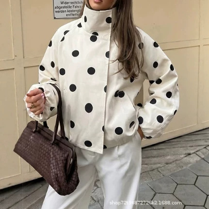 Cross-border wholesale European and American style polka dot stand-up collar bomber jacket, casual loose-fit long-sleeve short coat 8372236