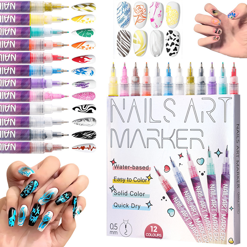 Nail Art Graffiti Pen Acrylic Marker Nail Painting Quick-Dry Watercolor Pen Candy Color Outlining Pen No-Bake Lamp Required