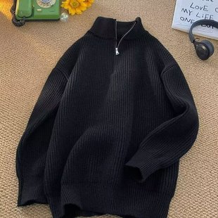 Half Zipper Lapel Solid Color Sweater Men's Lazy Fashion Brand American Style Casual Retro Loose All-match Pullover Sweater