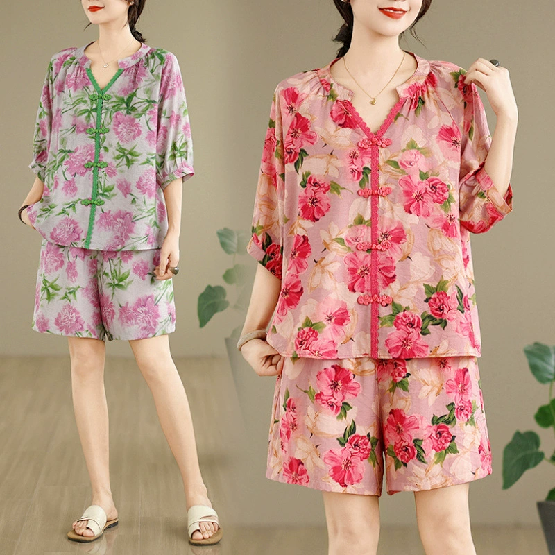 Реальный снимок 2025 года, китайский ретро-костюм из свободного хлопка и льна с принтом на пуговицах и средним рукавом с v-образным вырезом, женские шорты с эластичной резинкой на талии, утягивающие фигуру