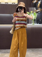 夏装搭配一整套大码胖mm条纹针织上衣休闲阔腿裤时尚黄色两件套装